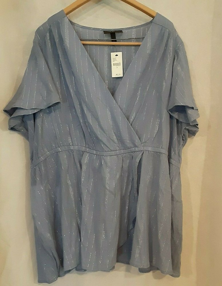 Lane Bryant Womens Sz 24 Blue Wrap Style Blouse Short Sleeved Shirt Lightweight